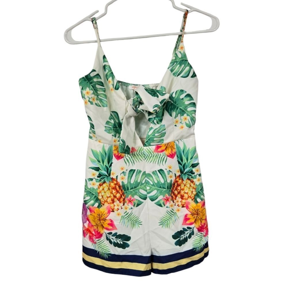 Tropical Floral Pineapple Romper Cutout Bow Tie Summer Playsuit Buckle Euro Glam - Picture 2 of 15
